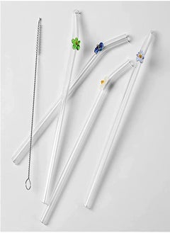 اشتري 4 Pcs Glass Straws with Design | Colorful Shatter Resistant Bend, 8.2'' X 8mm with Cleaning Brush في مصر