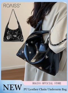 اشتري Women's Pu Leather Metal Decorative Tote Bag Double Layer Chain Design With Large Capacity Underarm Bag Fashionable And Versatile Buckle Design Handbag في الامارات