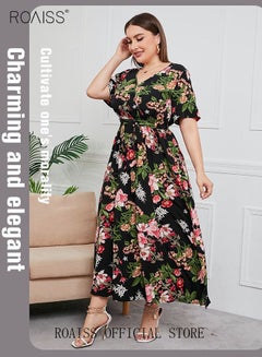 Buy Women's Large Size Floral Print Dress with Waist Belt Midi Long Dress High Waist Design V-Neck Short Sleeve Waist Tie Ruffle Dresses for Casual Dating Party Black in Saudi Arabia