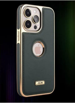 Buy Upscale 14 Pro Max Luxury Premium Leather Back Cover Soft Protective Mobile Phone Case Green/Gold in UAE