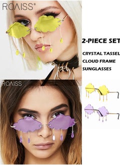 Buy 2 Pack Cloud Shaped Rimless Sunglasses UV400 Protection Crystal Raindrop Cute Sun Glasses Clouds Tassel 90s Funny Eyewear for Ladies Party Street Photography in Saudi Arabia