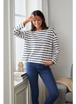 Buy Women Round Neck Long Sleeve Striped Sweatshirt, White and Blue in UAE