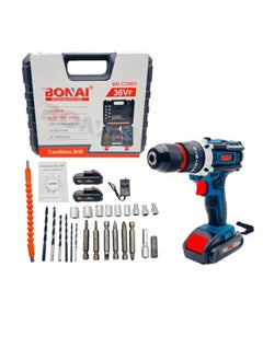 Buy High Power Cordless Impact Drill Kit 36V Lithium Battery, Home ,Office Tools Set Combi Hammer Drill 2 Batteries for Metal Wood Wall Drilling and Screw driving in UAE