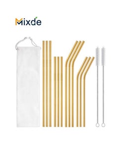 Buy 15-Piece Reusable Stainless Steel Drinking Straw Set Gold in Saudi Arabia