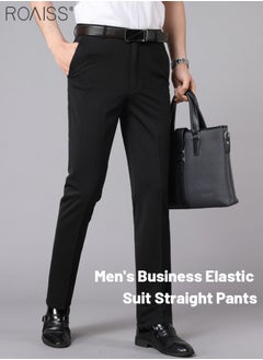 اشتري Men's Fashion Casual Business Pants Summer Light Thin High Elastic Pure Black Suit Pants With Pockets On Both Sides Straight Pants في الامارات