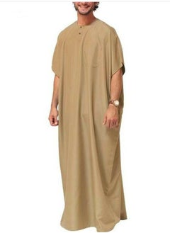 اشتري Men's Muslim Solid Color Loose Robe Thobe Short Sleeve Side Split Kaftan Khaki في الامارات