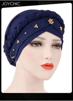 اشتري Navy Spring Autumn Turban Cap Women Wrap Beaded Braid Turban Islamic Muslim Fashion Moisture Wicking Hijab for Women Girls في السعودية