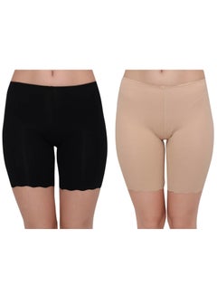 Buy Women's Cotton Seamless Cycling Shorts/Under Skirt Shorts, (Pack Of 2), Black/Beige in UAE