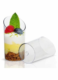 اشتري Mini Angled Dessert Cups, 100Pcs 75ml Plastic Round Dessert Cups Clear Parfait Appetizer Cup Reusable Serving Bowl for Dessert Pudding Mousse Party (8.5 x 4.5cm) في الامارات