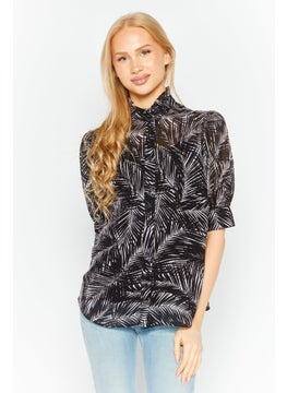 Buy Women Ruffle Neck Long Sleeves Allover Printed Blouse, Black/White in UAE