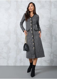 Buy V Neck Tweed Midi Dress with Flap Detail in Saudi Arabia