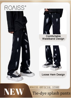 Buy Men Relaxed Fit Denim Pants On-Trend Flowy Wide Leg Trousers with a Tie Dye Splash Ink Design Ideal for Casual and Fashionable Outfits in Saudi Arabia