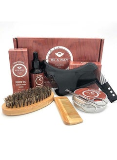 Buy 6pcs Beard Grooming Care Kit for Men Mustache Beard Oil Balm Wood Comb Brush Facial Nose Ear Hair Trimming Scissors & Beard Guide in Saudi Arabia