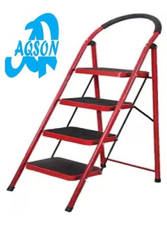 اشتري AQSON 4 Step Ladder Folding Wide Step Steel Ladder 150kg Capacity, Multi Purpose Portable Step Stool for Home,Kitchen, Garden, Office, Warehouse Red, 4step ladde في الامارات