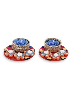 Buy 2-Piece Decorative Paper Quilling Diya Set with Blue Rose Candles, Multicolour in UAE