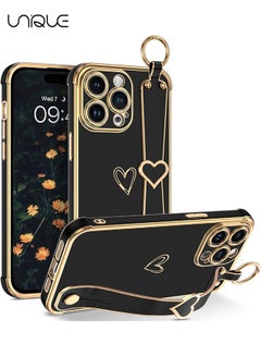 Buy Compatible with iPhone 15 Pro Max Case, Adjustable Wrist Strap Kickstand, Cute Heart Luxury Gold Plating Bumper, Women Girl Men Protective Case Cover, Black in UAE