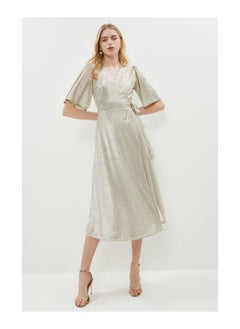 Buy Metallic Sleeve Wrap Midi Dress in UAE