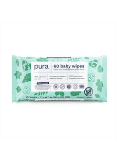 Buy Baby Wipes - 100% Plastic-Free & Plant Based Wipes, 99% Water, Suitable for Sensitive & Eczema-prone Skin, Fragrance Free & Hypoallergenic, Cruelty Free, EWG Verified, 1 Pack of 60 Wet Wipes in UAE