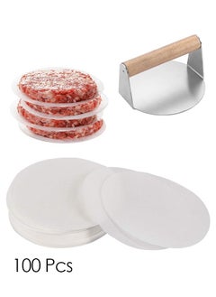 Buy Meat Press Burger Press with Hamburger Patty Paper Round 12Cm, Set of 100, Non Stick Patty Paper Sheets for Burger Press, Patty Serperate and Cake Baking in Saudi Arabia