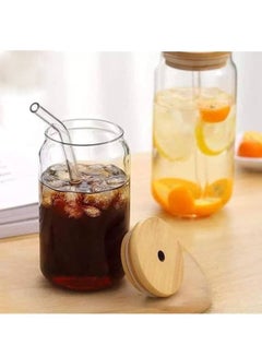 Buy Glass juice cup with wooden lid and straw 4  pieces in Egypt