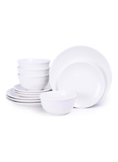 Buy Shallow 12-Piece Porcelain Dinnerware Set – Elegant Ceramic Crockery for 4 | Includes 26.8 cm Dinner Plates, 20 cm Side Plates, and 15 cm Bowls, White in UAE