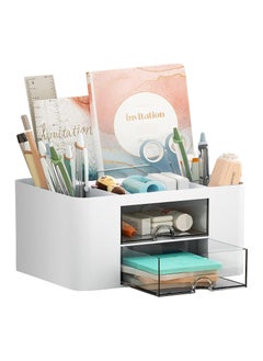 Buy Pen Organizer with 2 Drawer, Multi-Functional Pencil Holder for Desk, Desk Organizers and Accessories with 5 Compartments + Drawer for Office Art Supplies (White) in Saudi Arabia