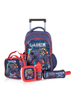 Buy 17 Inch Set Of 5 Trolley School Bag With Lunch Bag, Pencil Case, Lunch Box And Water Bottle - Gamer - Blue in UAE