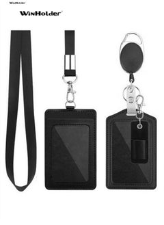 اشتري WinHolder,Office Badge Holder, Vertical PU Leather ID Card Holder with 1 Clear Window, Detachable Neck Lanyard Strap, Retractable Reel Holders Set and Pen Case，Safety Breakaway Lanyards في السعودية