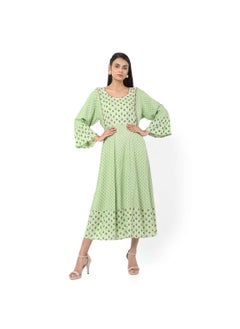 Buy VISCOSE LONG FRILL SLEEVES DOT PRINTED ELEGANT ARABIC JALABIYA KAFTAN DRESS in UAE