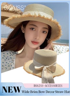 اشتري Classic Flat Top Straw Hat for Women Summer Beach Hat Vacation Sunshade Sunscreen Woven Hat Bow Decoration Sun Hat Fashion Accessories في الامارات