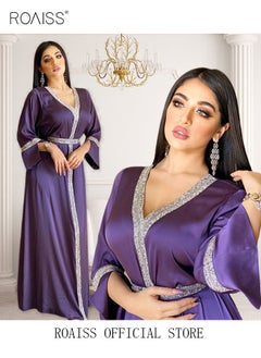 Buy Women Luxury V-neck Rhinestone Robe Maxi Dresses Exclusive Styles Modern Stylish Abaya Middle East Arabic Banquet Wedding Party Dress Women's Festival Clothing Purple in Saudi Arabia