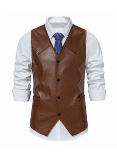 Buy New Men's PU Leather Solid Color Retro Men's Motorcycle Vest in Saudi Arabia