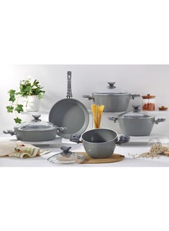 Buy 9-Piece Farah Cookware Set - Tempered Glass Lids - 3 Deep Pots - 1 Low Pot - 1 Frypan - Non-Stick Ceramic Surface - PFOA Free - Grey in UAE