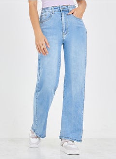 Buy High Rise Straight Fit Jeans with Elastic Waistband in Saudi Arabia