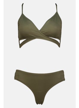 Buy Women 2 Pieces Padded Wireless Solid Bikini Set, Olive in UAE