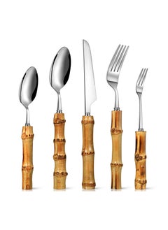 اشتري Bamboo Silverware Set Natural Bamboo Flatware Set Hand Crafted Bamboo Cutlery Utensils (5 sets 20 Cutlery Pieces Silver) في السعودية