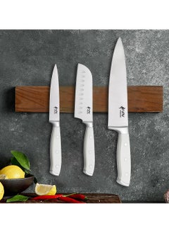 اشتري V A V PREMIUM 3-Piece Knives Set. Set includes: 8-inch Chef, 5-inch Santoku & Utility Knives. Comfortable White Handle and Professional Stainless Steel with Long-Lasting Sharpness. في الامارات