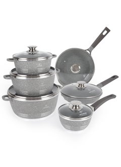 اشتري 12-Piece Granite Pots and Pans Set Molded Looped Handles with Premium Glass Lids -Non Stick Cookware Set Includes Casserroles 20/24/28cm, Frying Pans 20/24cm and Sauce Pan 16cm Oven Safe Grey في الامارات