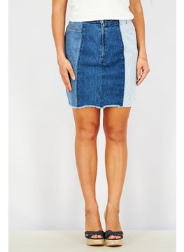 Buy Women Colorblock Front Pockets Denim Skirt, Blue in UAE