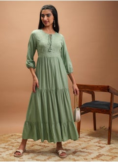 Buy Embroidered Floral Tie-Up Neck Tiered Maxi Dress in Saudi Arabia