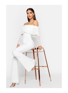 Buy Mesh Bardot Ruched Jumpsuit in UAE