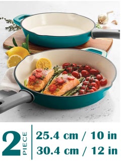 Buy Enamelled Cast Iron Skillets With Grip 2 Pack - Teal  25.4 + 30.4 cm / 10 + 12 in in UAE