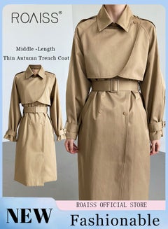 Buy Women's Mid-Length Trench Coat With Wide Belt Oversized Lapel Women's Raglan Sleeves Neck Windbreaker Fake Two Pieces Straight Shoulder Long Sleeves in UAE
