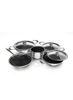 Buy 8-Piece Cookware Set   Tri-Ply Stainless Steel Honeycomb (DTHKS8P) - Fry Pan, Milk Pan, Kadai Pan with Steel Lids, Inner Honeycomb Etching Design, Premium Riveted SS Handle,Non-Stick Interior in UAE