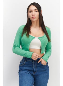 Buy Women Boat Neck Long Sleeve Textured Crop Top, Green in UAE