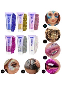 Buy 6 Color 50 ml Face & Body Glitter, Mermaid Sequins Liquid Holographic Glitter Gel, Chunky Glitter Face Eye Lip Hair Nail Festival Makeup (White,Gold, Silver, Pink, Purple, Blue) in Saudi Arabia