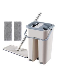 Buy Flat Squeeze Mop Bucket System with Hand Free Wash Microfiber Mop Pads Stainless Steel Pole Usage Hardwood Floor Cleaning Tools blue in UAE