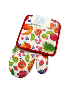 Buy 2-Piece Reversible Printed Design Gloves/Oven Mitt And Pot Holder Set Red in UAE