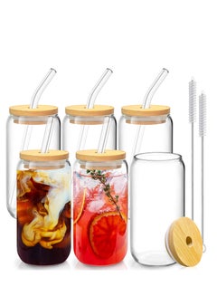 Buy 6 Pcs Drinking Glasses with Bamboo Lids and Glass Straw - 16 Oz Can Shaped Glass Cups Beer Glasses Ice Coffee Glasses Cute Tumbler Cup Great for Soda Boba Tea Cocktail Include 2 Cleaning Brushes in Saudi Arabia
