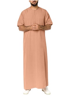 اشتري Men's Muslim Loose Casual Robe Thobe Solid Color Round Neck Short Sleeve Kaftan Khaki في الامارات